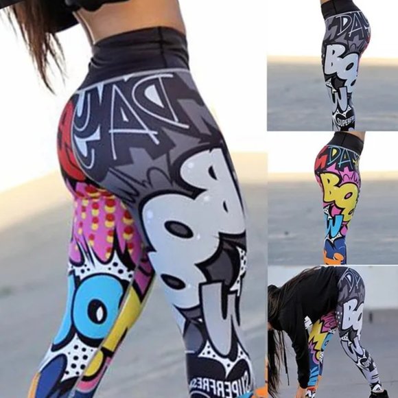 BOOM Colour/Black and White High Waist Graffiti Leggings - Picture 1 of 7